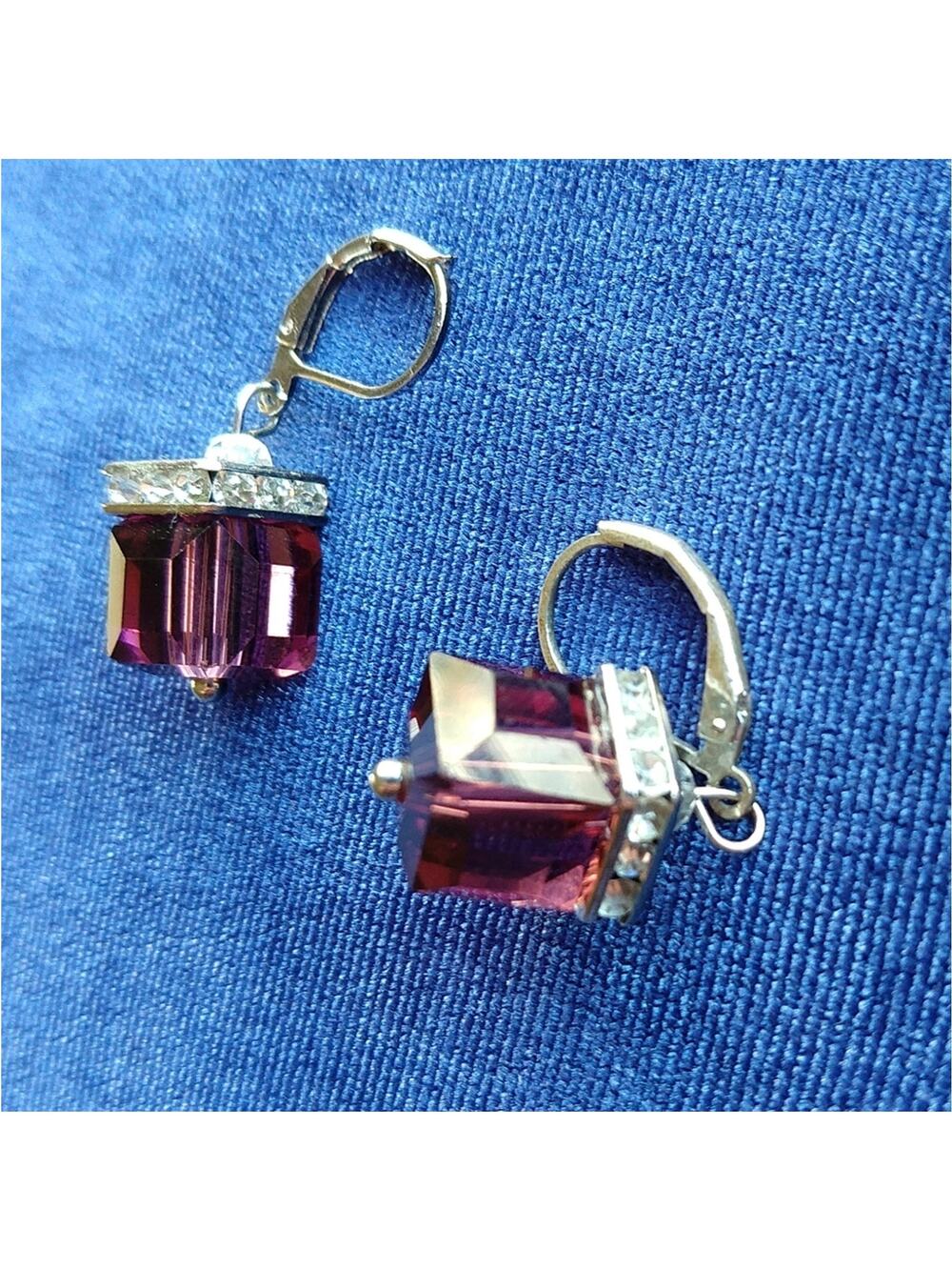 Purple Cube Rhinestone Hinged Hook Dangle Earrings fashion costume jewelry